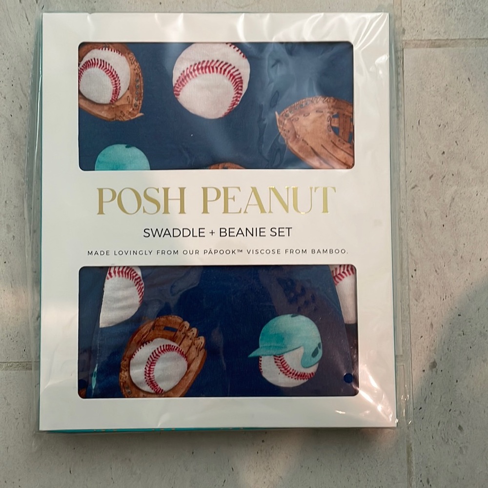 Posh peanut swaddle and beanie set baseball print